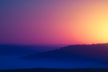 Sunrise landscape, colorful warm cold nature, world, river, hills and village