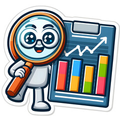 Un personaje amigable analizando datos, con una lupa examinando un gráfico de barras y líneas coloridas.