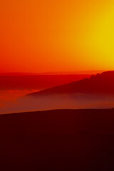 Obraz premium Sunrise landscape, colorful warm cold nature, world, river, hills and village