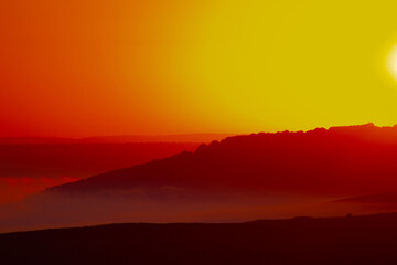 Sunrise landscape, colorful warm cold nature, world, river, hills and village