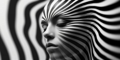Black and white stripes run across a woman's face, side view, surreal portrait