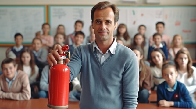 teacher using fire extinguisher in school classroom with students