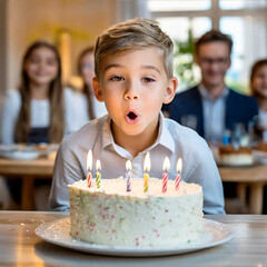 Chłopiec usiłujący zdmuchnąć świeczki na torcie urodzinowym. W tle rodzina. Przyjęcie urodzinowe
