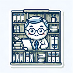 Un diseño encantador de un icono de Word como bibliotecario, rodeado de estanterías con libros y documentos.