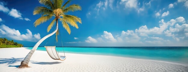 A hammock tied to a curved palm tree invites relaxation on a sunlit white sand beach in the...