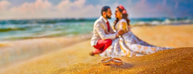 An Indian couple in traditional wedding attire kneels on a sandy Maldivian beach, with wedding rings in the foreground. Valentine's Day background. - obrazy, fototapety, plakaty