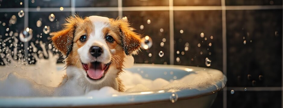 A playful puppy in a bubble bath with joyous splashes. A small, lively dog with droplets of water in the air enjoys a bath in a soap-filled tub, excitement evident. National Puppy Day. Panorama.
