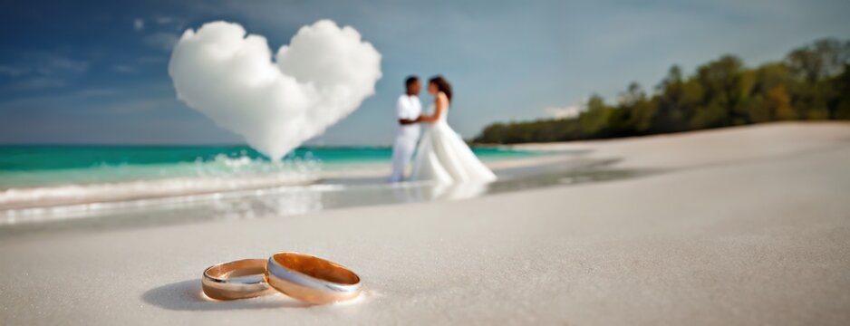 A couple on sandy beach with a heart-shaped cloud overhead, wedding rings in Maldives. On a sun-kissed shore a young multiracial family stands in matrimonial attire. Valentine's Day background.
