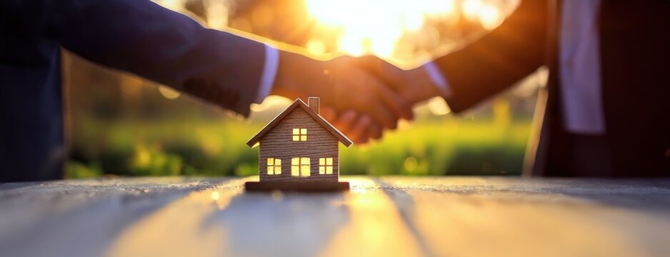 Two men engage in a real estate transaction, shaking hands over a small model house, symbolizing the concepts of buying, selling, or renting property.