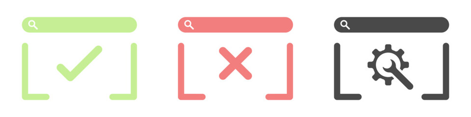 Fototapeta premium Web site technical page icon set. Website icon with check mark, cross and gear. Site crash, lack of internet and other problems of web pages icon set. Vector illustration.