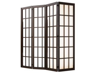 Wooden folding screen room divider. Modern foldable mobile partition. Wood screen of white transparent background, png