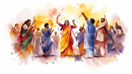 Indian people celebrating Hindu Holi Festival. Watercolor style poster illustration. attractive vector illustration, even colors, celebrating holi festival. illustration of the holi festival in India. - obrazy, fototapety, plakaty