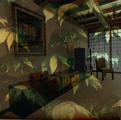Oriental peaceful bedroom with abstract mood design leaf overlay 