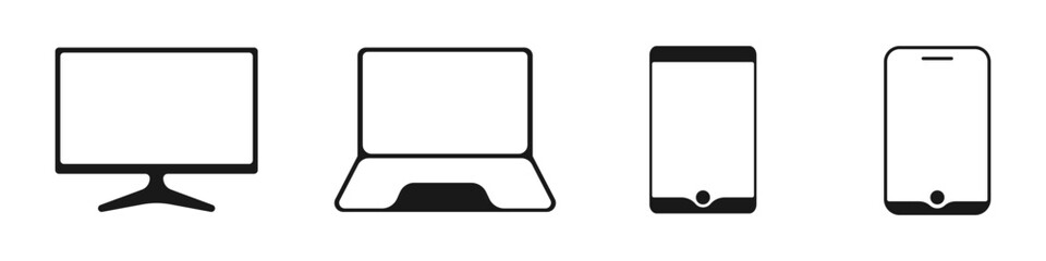 Set of black icons of devices. Collection of monitor, laptop, tablet, phone icons. Computer display. Icons of devices for work, games, communication. Vector illustration.