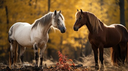Obraz na płótnie Canvas brown and white horses facing each other