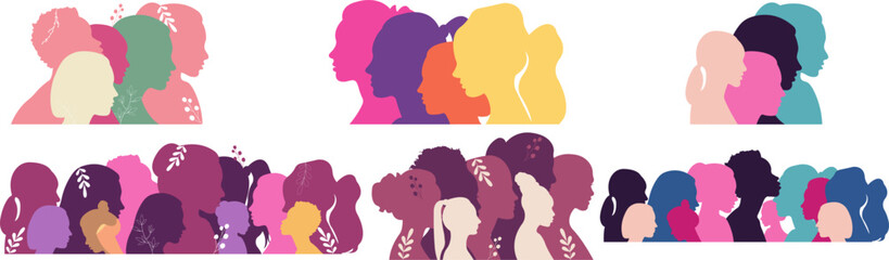 Silhouettes of women of different nationalities standing side by side. women’s Day. - obrazy, fototapety, plakaty