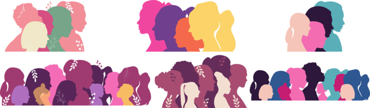 Silhouettes of women of different nationalities standing side by side. women’s Day.