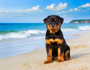 chien rottweiler sur une plage