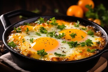 Sizzling Bacon and Eggs in Rustic Cast Iron Skillet on Wooden Table in Cozy Kitchen