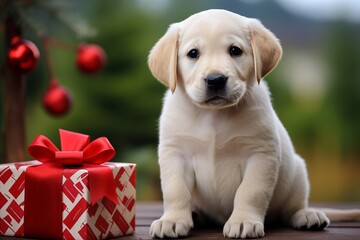 Cute Labrador Puppy Sitting in a Festive Gift Box with Beautiful Holiday Backdrop