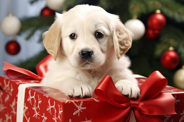 Adorable Labrador Puppy Captured in Festive Gift Box amid Stunning Holiday Backdrop