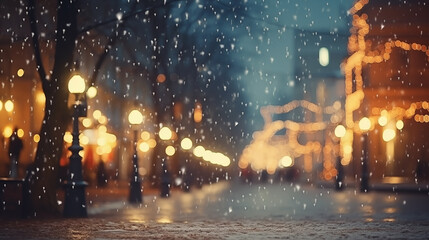 Beautiful blurred street of festive night or evening in winter. Christmas time