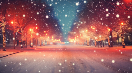 Blurred winter street at night in Christmas glow