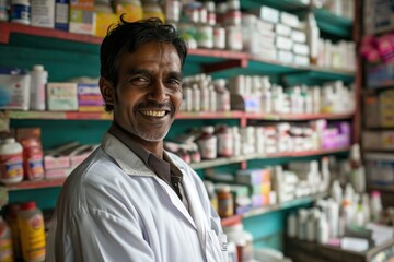 Fototapeta na wymiar A man from India stands in a pharmacy in a white coat in front of shelves of medicines. Medicine
