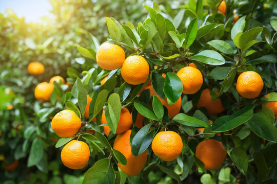  fresh oranges tangerines growing on branches with green leaves in sunny fruiting garden.
