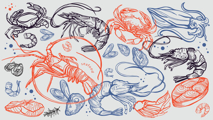 Hand drawn isolated vector set of seafood. Shrimps, langoustines, prawns, salmon, trout, oysters, mussels, squid, crab. Food vintage illustration  and template on a white background. 