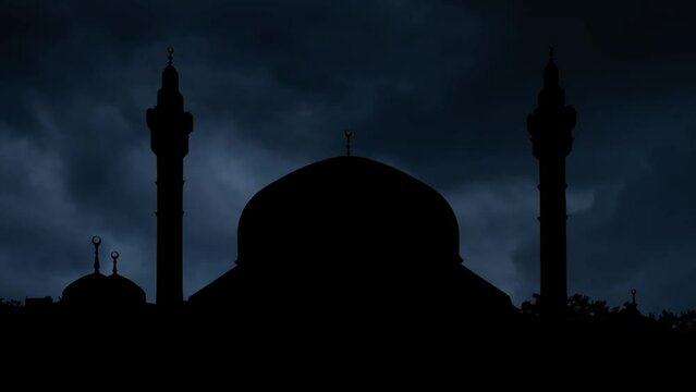 Lightning thunderstorm flash over King Abdullah Mosque in Amman, Jordan