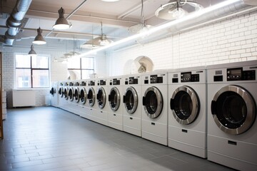 a lot of white washing machines in the laundry room , large modern industrial - obrazy, fototapety, plakaty