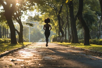 Fototapeta premium The woman exercises during the day, runs around town, healthy lifestyle.