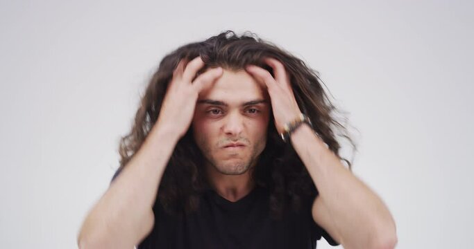 Frustrated, face and man with stress in a crisis with angry, anxiety and financial issue. Mental health, disaster and portrait of person with anger for stupid conflict, mistake or annoyed breakdown