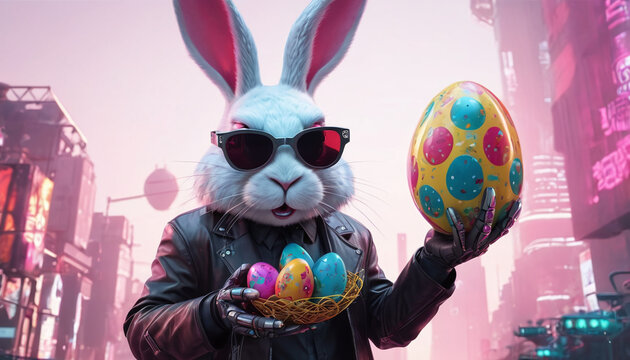 Easter holiday bunny holding easter eggs in cyberpunk style Generative AI