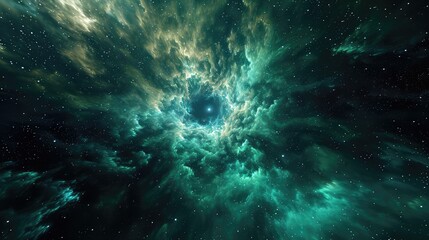 Mesmerizing view of a nebula in deep space. various shades of green and blue, creating an ethereal atmosphere. a mixture of gas clouds illuminated by surrounding stars.