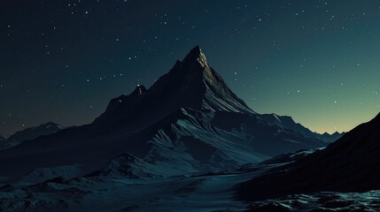 Breathtaking views of the mountain landscape under the starry night sky. The prominent snow-capped mountain peak is illuminated by the soft glow of the stars.