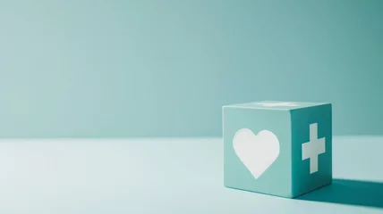 Photo sur Plexiglas Pharmacie  Symbolized by a cubic block and a heart on a gentle blue background, it represents the harmony between comprehensive health care and the ease of access to these essential services.
