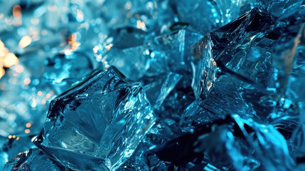 close-up of crystals or ice cubes shining with a blue tint when exposed to light. Each crystal has a complex shape and has a unique pattern