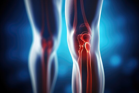 3D Illustration of Human Knee Joints, joint pain, Diseases of the knee joint, bone fracture and inflammation, AI Generated