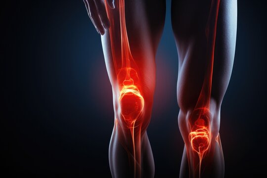3D render of a female knee with highlighted knee joint on dark background, Diseases of the knee joint, bone fracture and inflammation, AI Generated