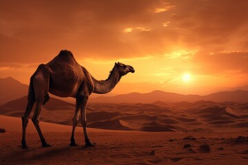 Camel in the desert at sunset. 3d render illustration, Dromedary at the sunset, AI Generated