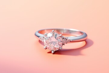 wedding ring with diamond on pink background, close-up, Diamond ring showcased on a isolated pastel background, AI Generated