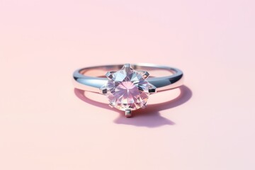 Wedding ring with diamond on pink background. Wedding concept, Diamond ring showcased on a isolated pastel background, AI Generated