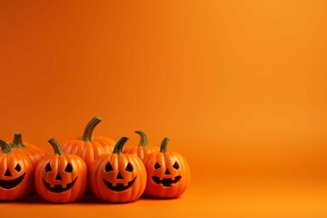 Halloween banner with isolated pumpkins over orange background. Copy space for text and design. Happy party concept
