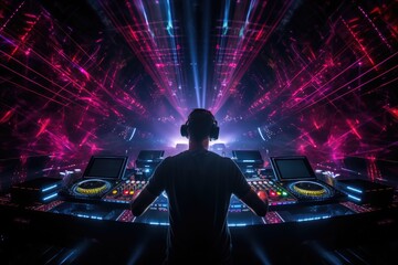 Dj mixes the track in the nightclub with colorful lights and smoke, DJ mixing tracks on a booth in...