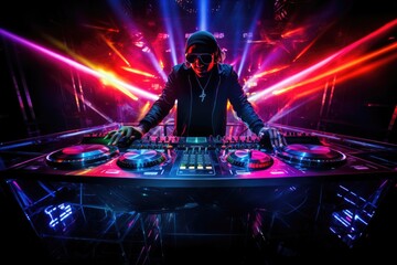 DJ playing music on dj mixer in nightclub with colorful lights and smoke, DJ mixing tracks on a...