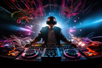 Young african american DJ playing music with headphones and mixer in nightclub, DJ mixing tracks on a booth in a nightclub with colorful lasers show, AI Generated - obrazy, fototapety, plakaty