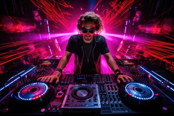 Portrait of a disc jockey playing music at a party with colorful lights, DJ mixing tracks on a booth in a nightclub with colorful lasers show, AI Generated
