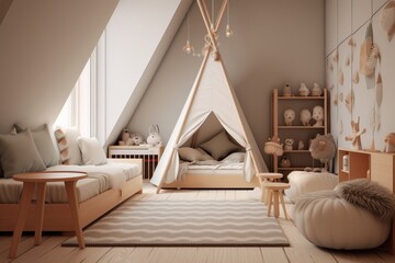Interior of children's room in scandinavian style. 3d render, Dreamy and modern kid's room interior with teepee, soft hues, AI Generated